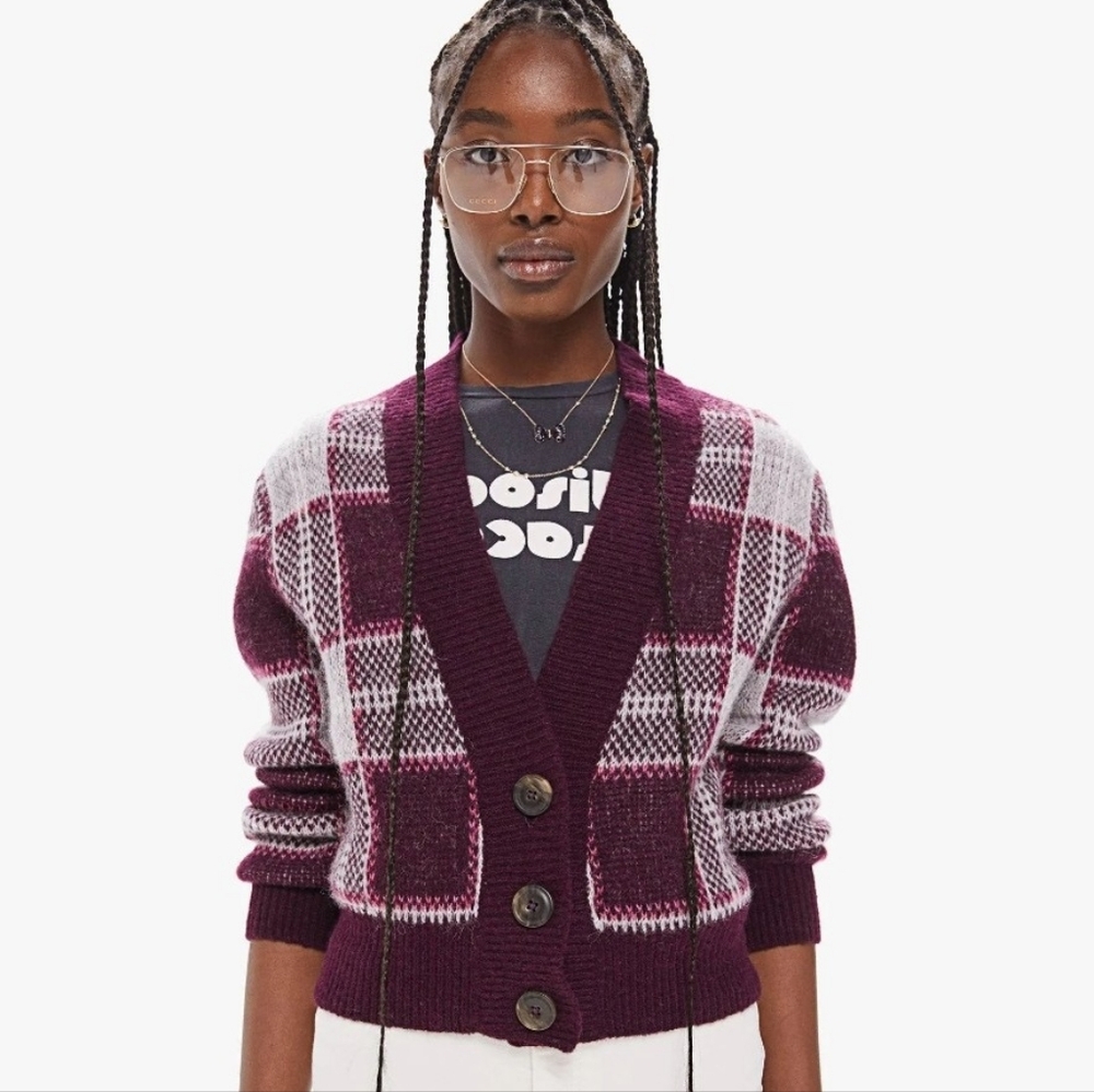 MOTHER The Slim Low Cardigan Crop Bad Boy Magnet Sweater in Burgundy Size XSmall